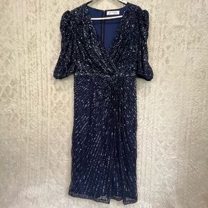 Mac Duggal Navy Sequin Midi Dress